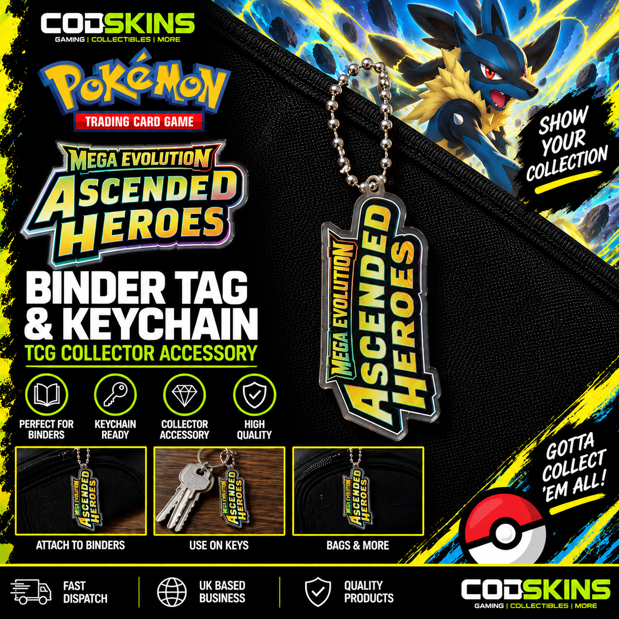 Pokémon Mega Evolution Ascended Heroes binder tag keychain