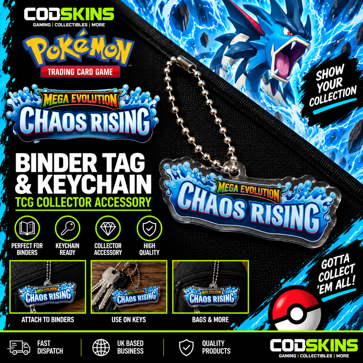 Pokémon Mega Evolution Chaos Rising binder tag keychain
