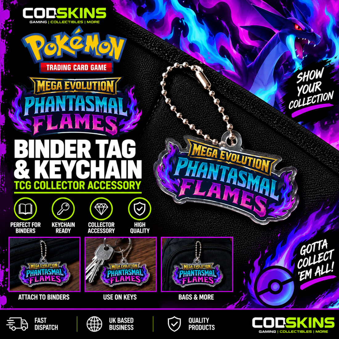 Pokémon Mega Evolution Phantasmal Flames binder tag keychain