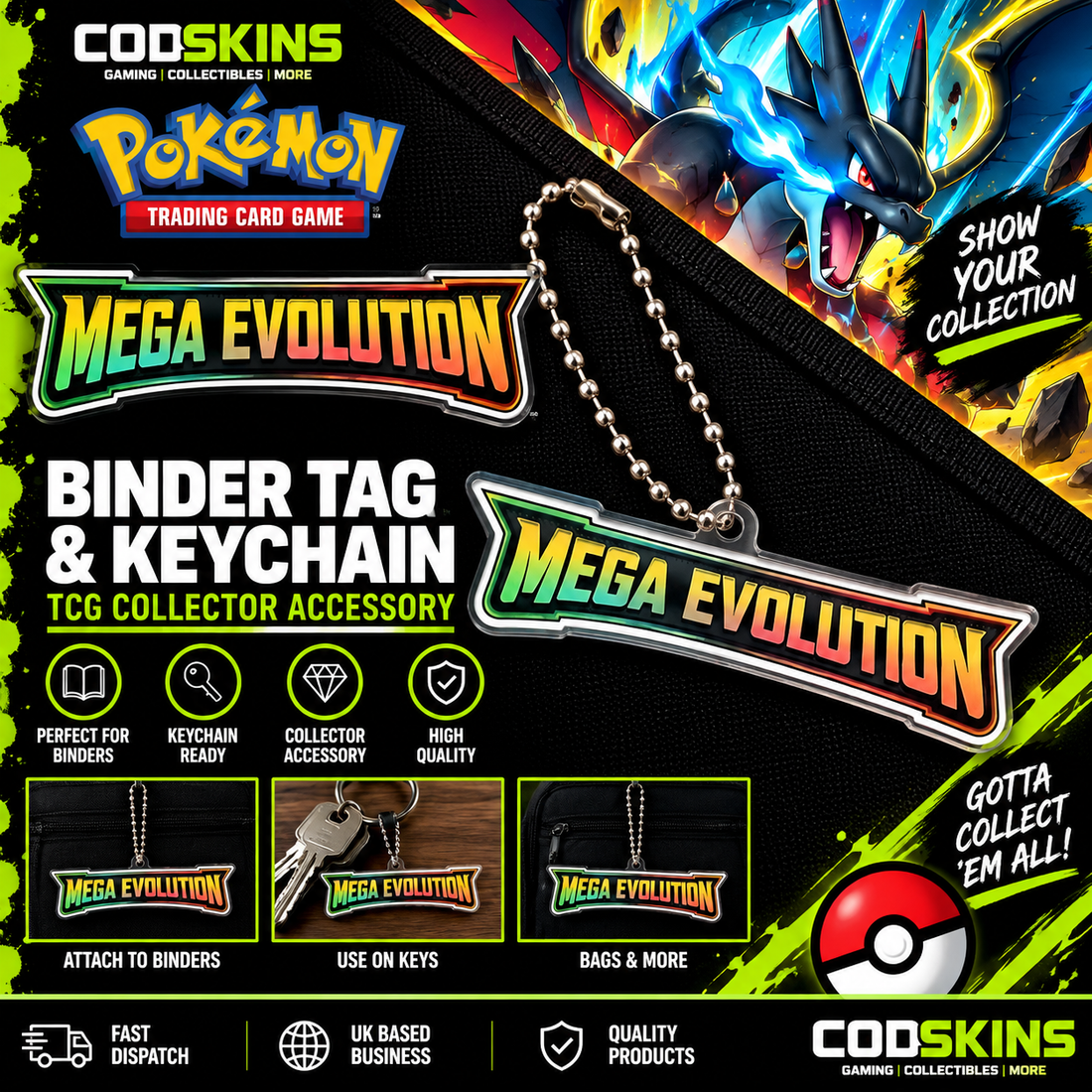 Pokémon Mega Evolution binder tag and keychain for TCG card binder