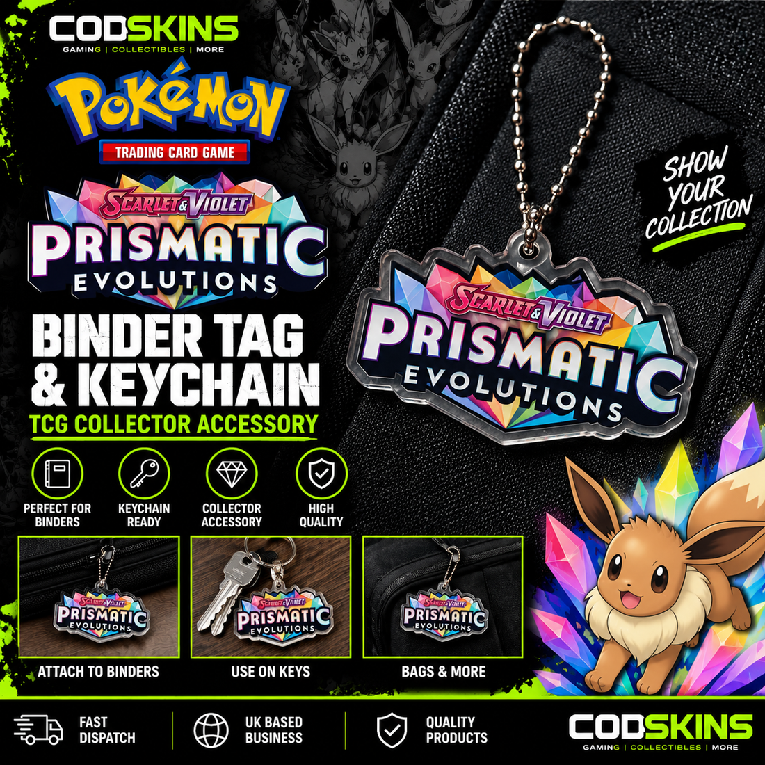 Pokémon Prismatic Evolutions binder tag keychain for TCG card binder