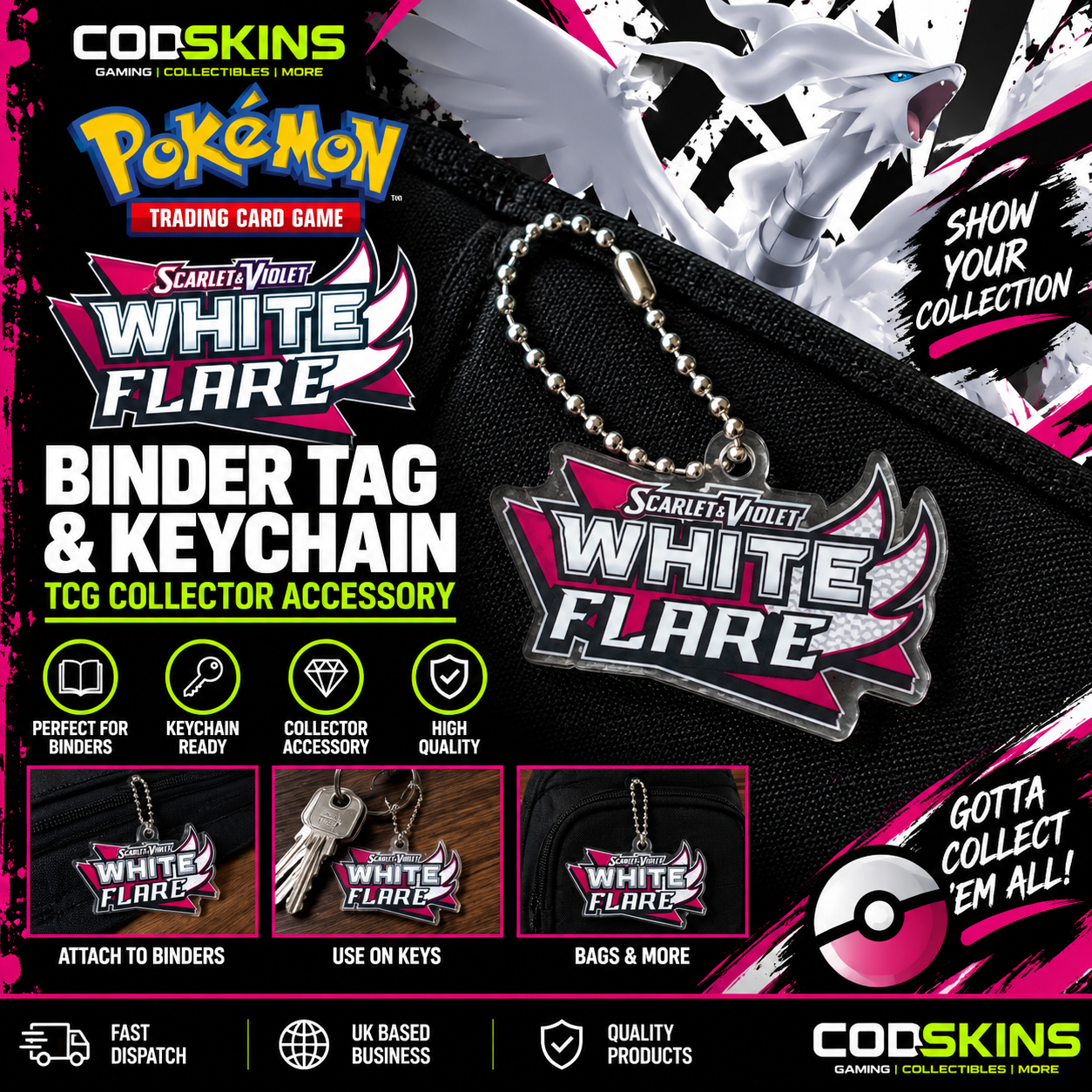 Pokémon White Flare binder tag keychain for TCG card binder