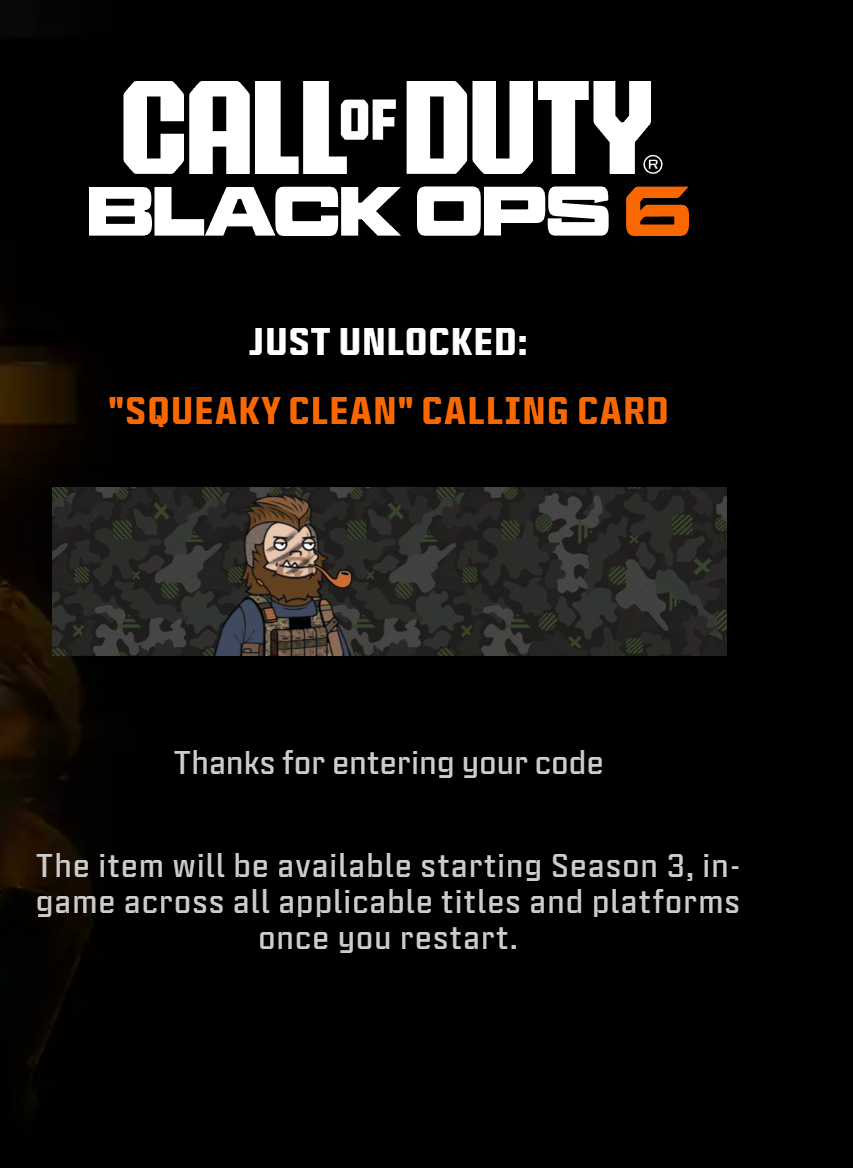 Call of duty Black Ops 6 x Dr Squatch &quot;Squeaky Clean&quot; Calling Card Exclusive