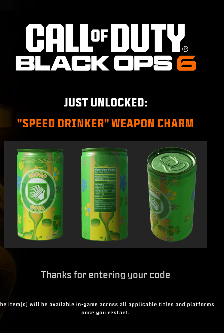Call Of Duty Black Ops 6 &quot;Speed Cola&quot; Weapon Charm