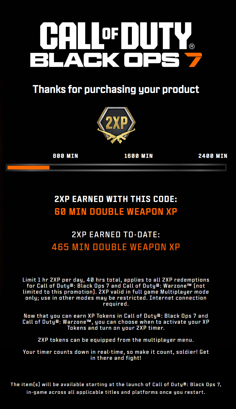 Call of Duty: Black Ops 7 | 60-Minute Double Weapon XP Code | 2WXP Boost