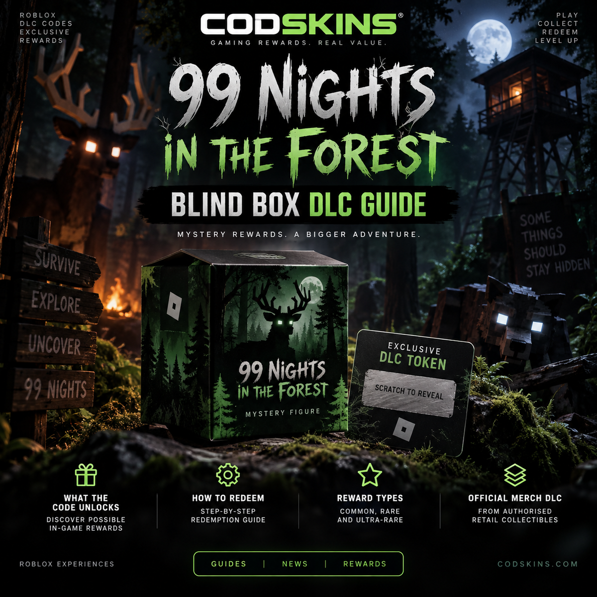 99 Nights in the Forest mystery blind box collectible with DLC token – illustrative CODSKINS artwork