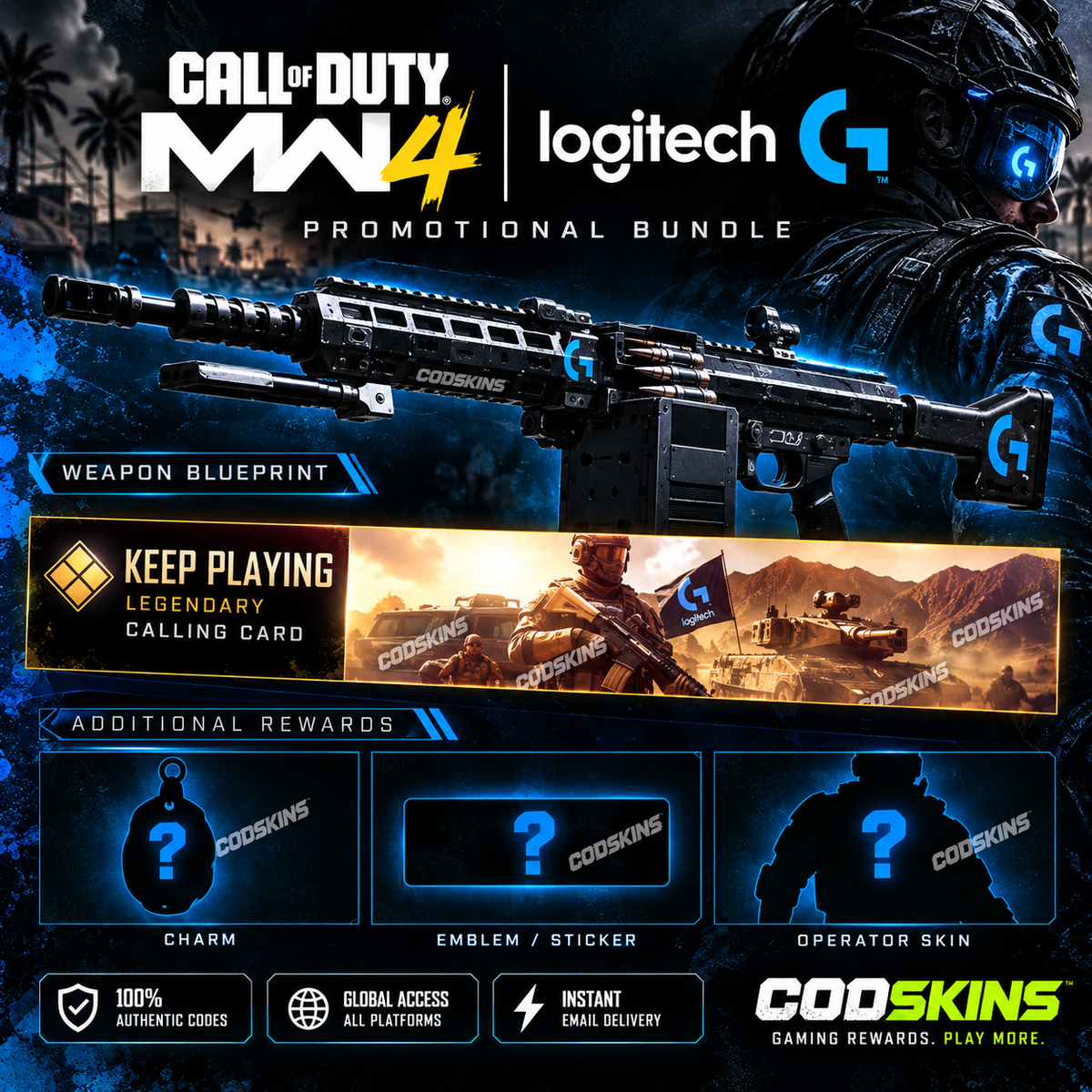 MW4 Logitech G promotional bundle concept image with blue weapon blueprint, Keep Playing Legendary calling card, yellow brushstroke MW4 logo and CODSKINS watermarks; unconfirmed rewards