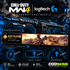MW4 Logitech G promotional bundle concept image with blue weapon blueprint, Keep Playing Legendary calling card, yellow brushstroke MW4 logo and CODSKINS watermarks; unconfirmed rewards