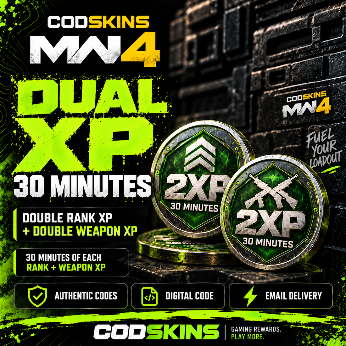 CODSKINS MW4 30-minute Dual XP code – 30 minutes each of Double Rank XP and Double Weapon XP