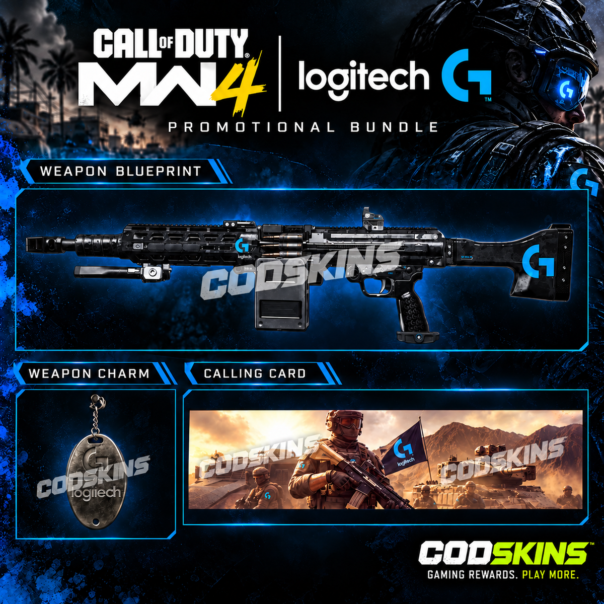 CODSKINS Call of Duty Modern Warfare 4 Logitech G promotional bundle showing weapon blueprint, weapon charm and calling card with CODSKINS watermarks