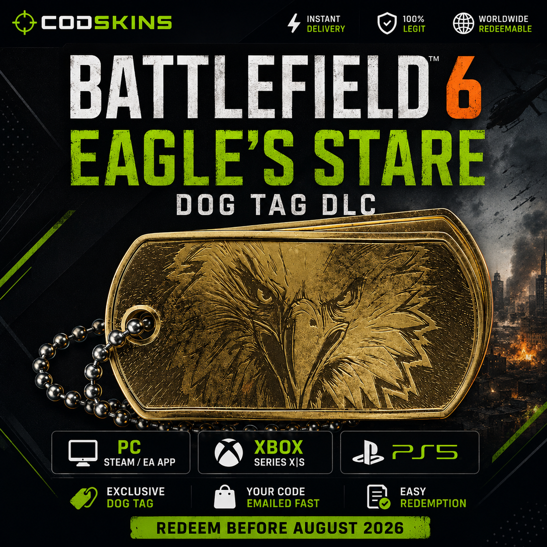 Battlefield 6 Eagle’s Stare Dog Tag DLC code for PC Steam EA App Xbox Series X S and PS5