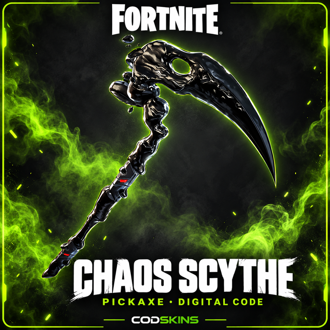 Fortnite Chaos Scythe Pickaxe digital code – black scythe on a CODSKINS green and charcoal background