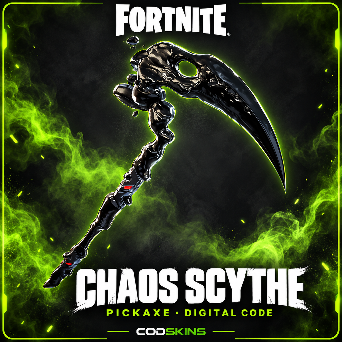Fortnite Chaos Scythe Pickaxe digital code – black scythe on a CODSKINS green and charcoal background