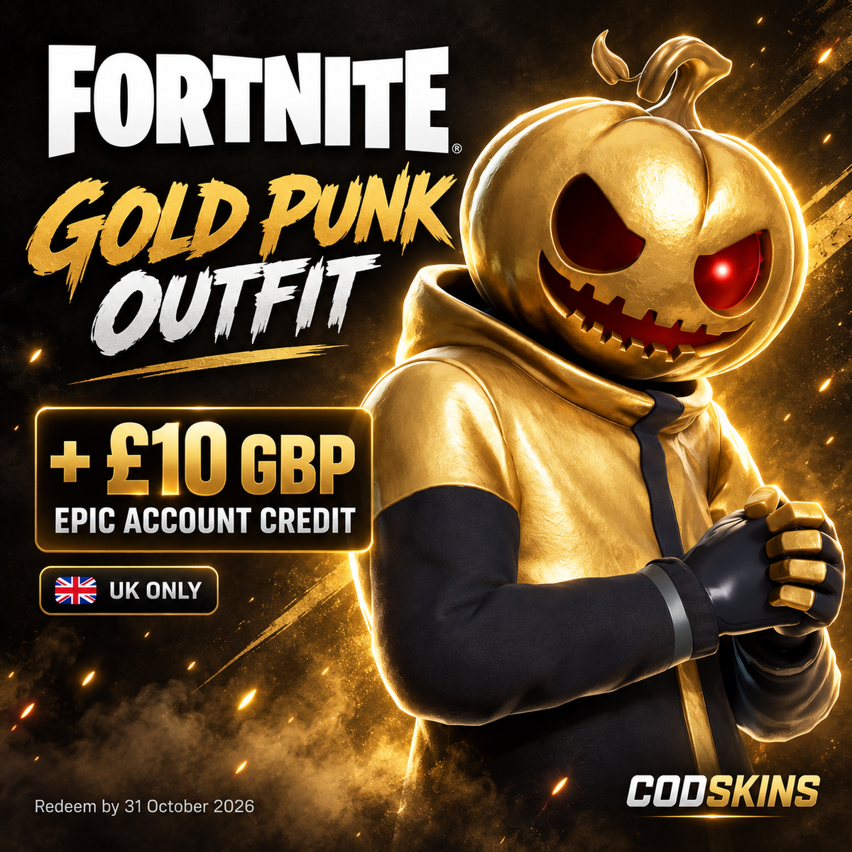 Fortnite Gold Punk Outfit with £10 GBP Epic account credit – UK only