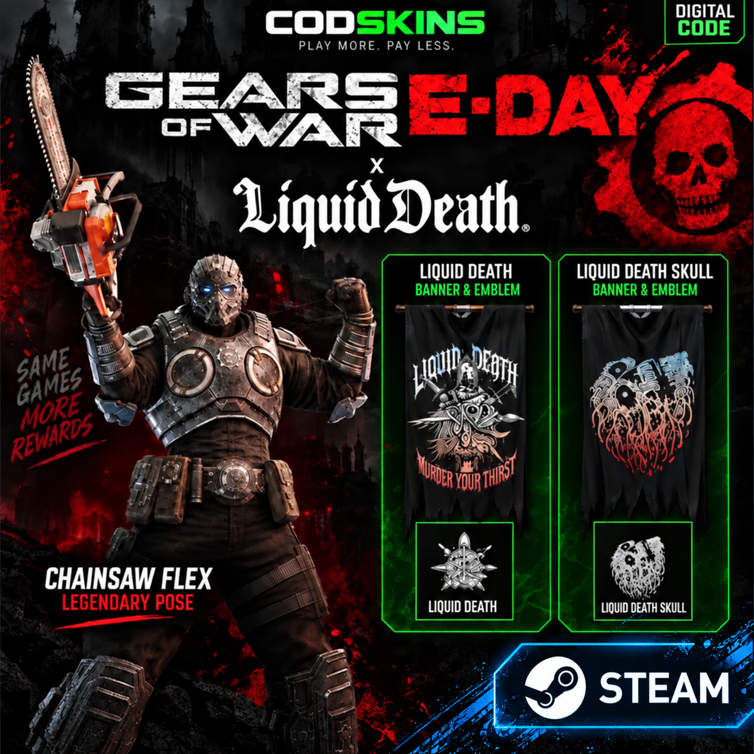 Gears of War E-Day x Liquid Death rewards code for Steam – Chainsaw Flex, banners and emblems