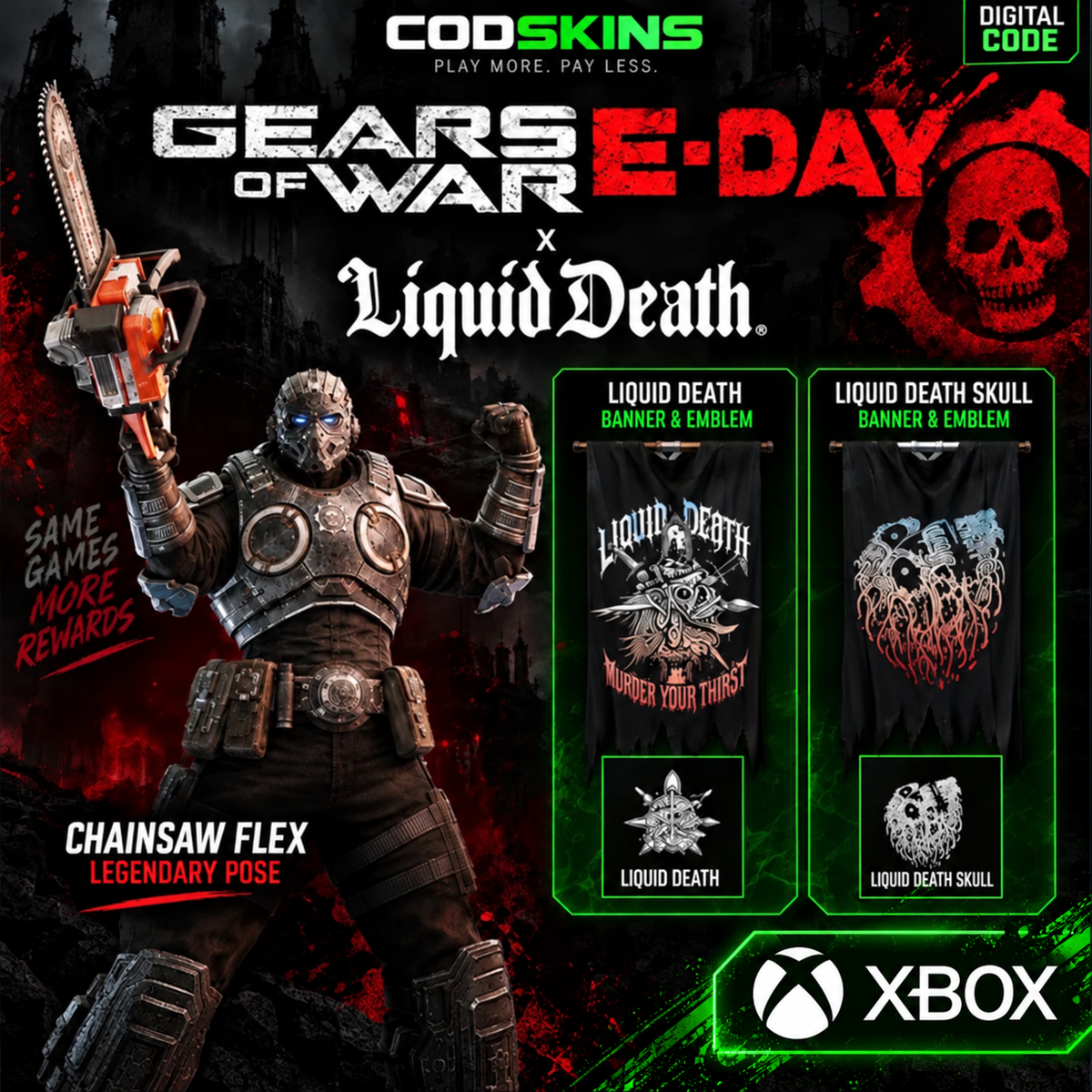 Gears of War E-Day x Liquid Death rewards code for Xbox – Chainsaw Flex, banners and emblems