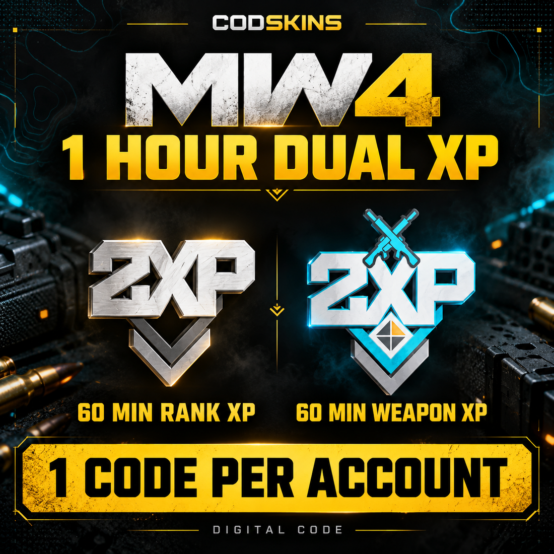 MW4 1 Hour Dual XP code: 60 minutes Double Rank XP and 60 minutes Double Weapon XP, one code per account