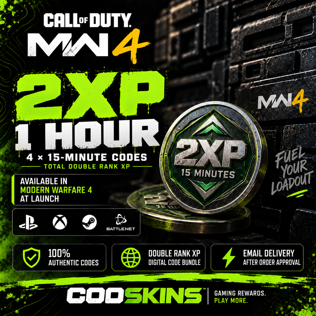 MW4 1 hour Double Rank XP bundle — four 15-minute codes