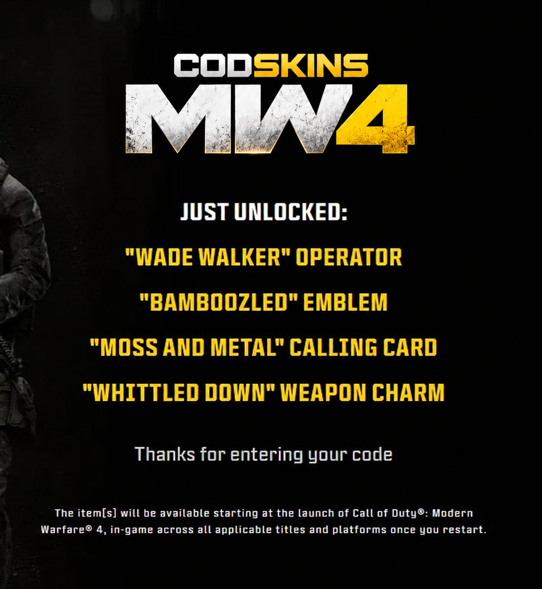 MW4 EE Bamboo Breach bundle redemption confirmation: Wade Walker operator, Bamboozled emblem, Moss and Metal calling card and Whittled Down weapon charm
