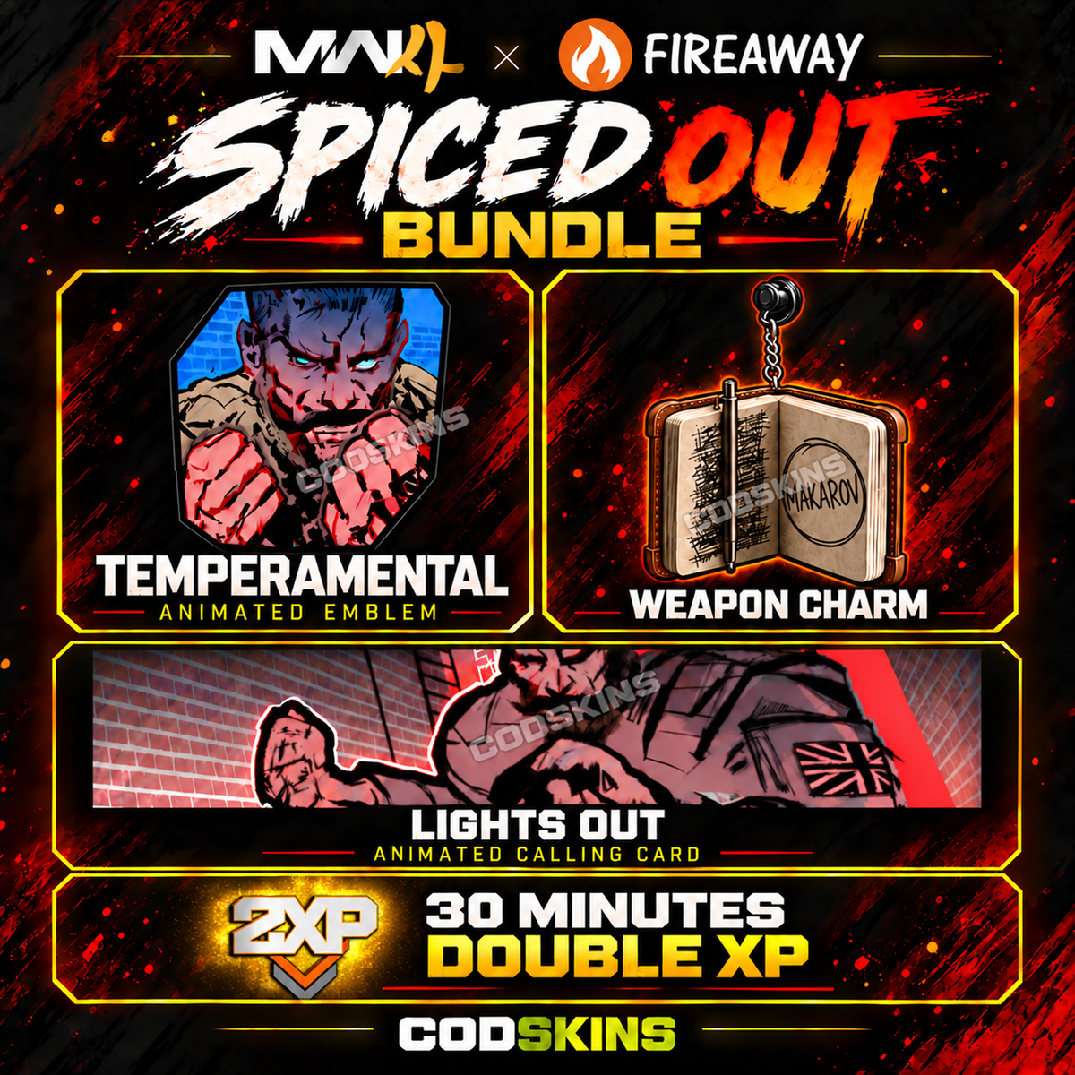 MW4 Fireaway Spiced Out Bundle with Temperamental animated emblem, Lights Out animated calling card, Penciled In weapon charm and 30 minutes Double XP