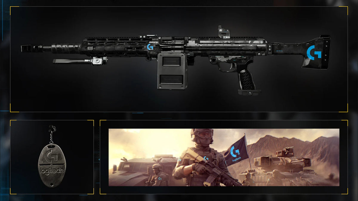 Call of Duty Modern Warfare 4 Logitech G weapon blueprint, metal weapon charm and desert calling card reward artwork