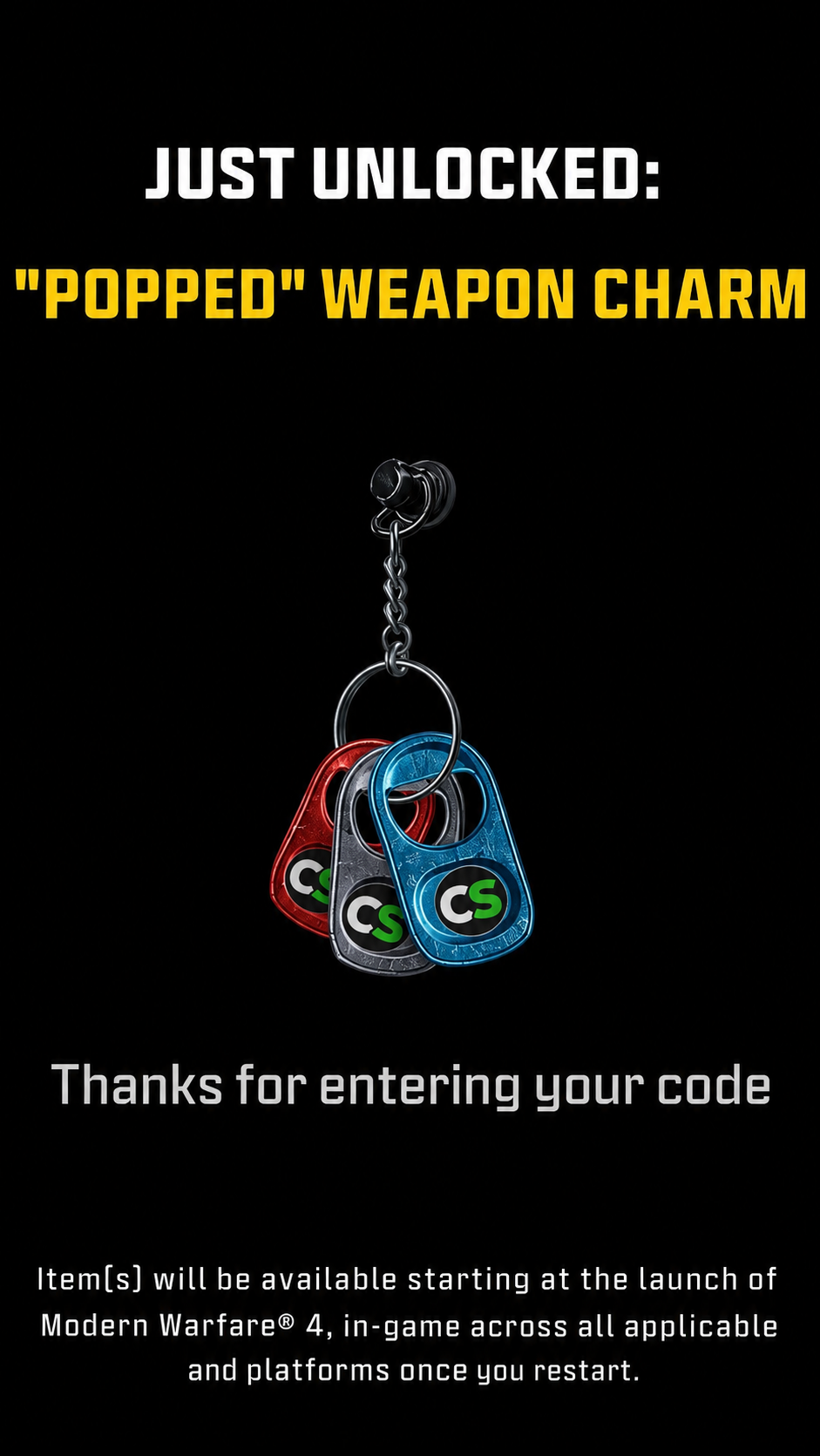 MW4 Popped Weapon Charm reward preview with CODSKINS CS tab artwork