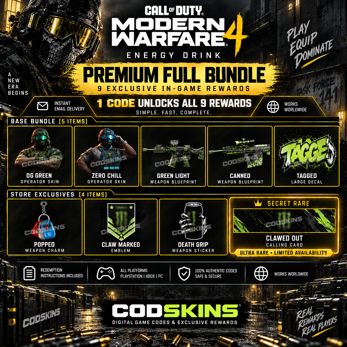 MW4 Energy Drink Premium Full Bundle: 1 code unlocks 9 rewards including Clawed Out Calling Card