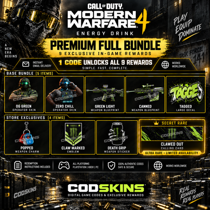 MW4 Energy Drink Premium Full Bundle: 1 code unlocks 9 rewards including Clawed Out Calling Card
