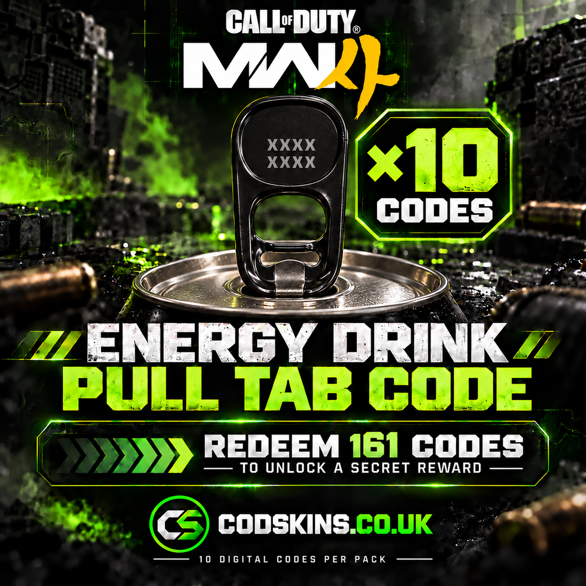 MW4 energy drink pull tab 10 digital codes pack with CODSKINS branding