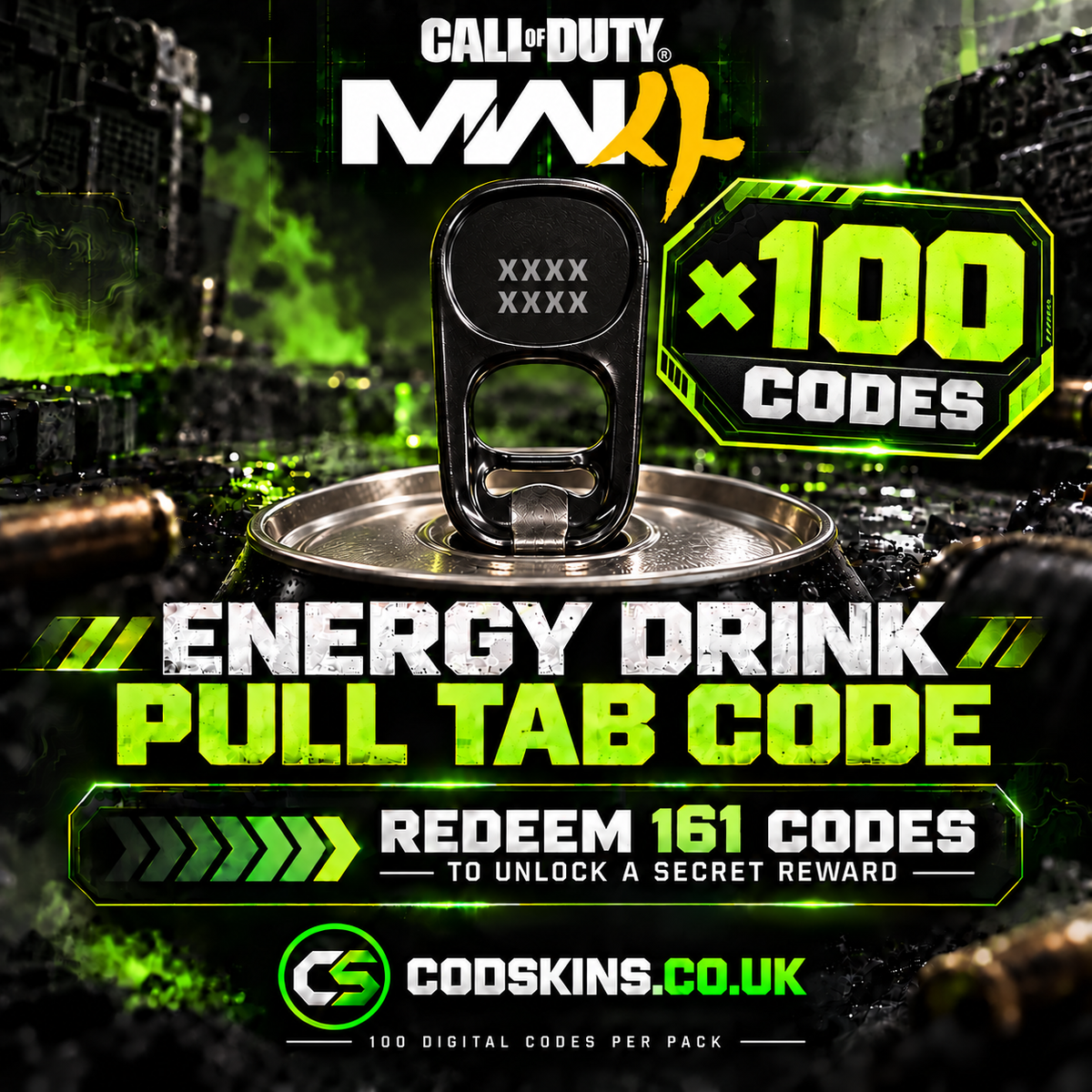 MW4 energy drink pull tab 100 digital codes pack with CODSKINS branding