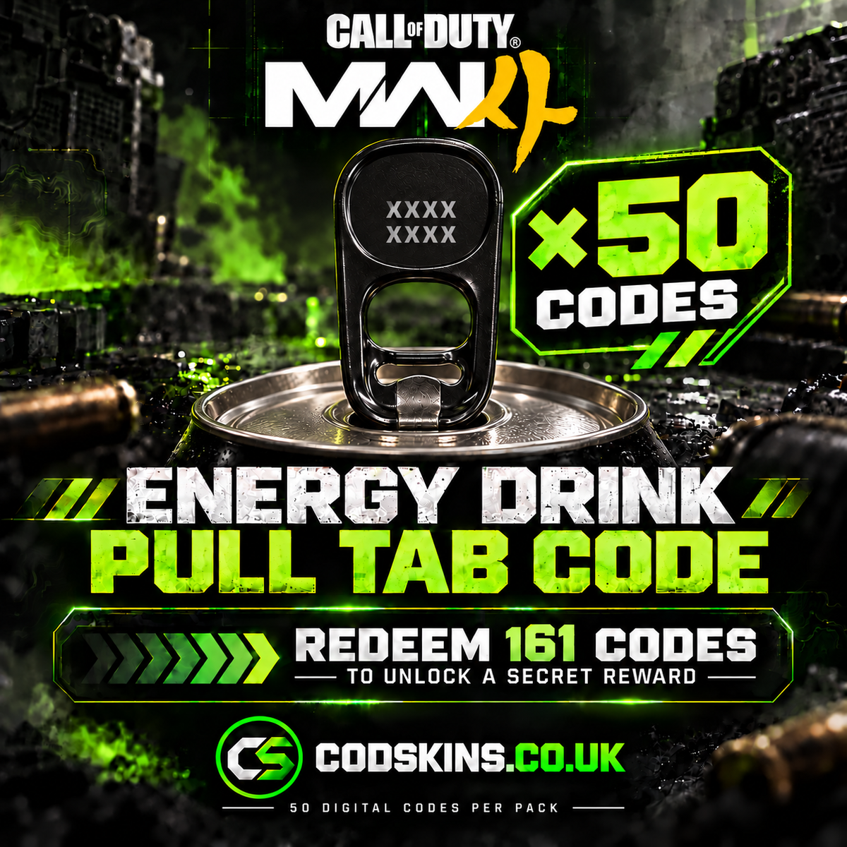 MW4 energy drink pull tab 50 digital codes pack with CODSKINS branding