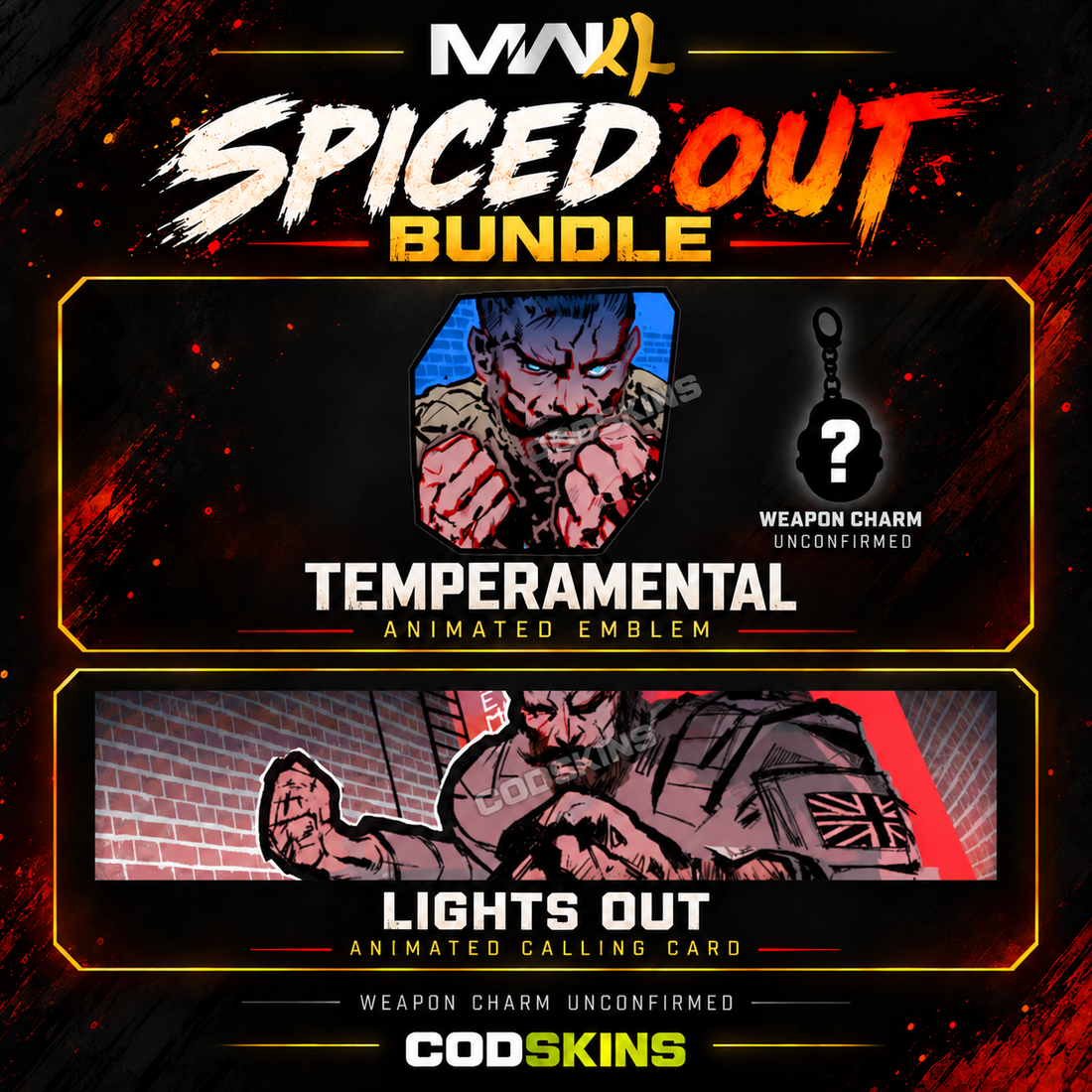 MW4 Spiced Out Bundle with Temperamental animated emblem, Lights Out animated calling card and an unconfirmed weapon charm silhouette with a question mark