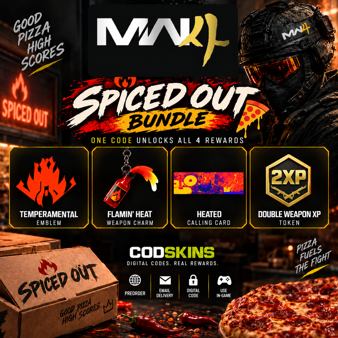 MW4 Spiced Out Bundle: Temperamental Emblem, Flamin’ Heat Weapon Charm, Heated Calling Card and Double Weapon XP Token