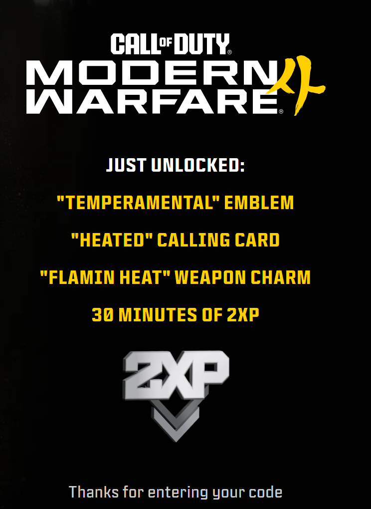 Successful MW4 Spiced Out code redemption confirms Temperamental Emblem, Heated Calling Card, Flamin’ Heat Weapon Charm and 30 minutes of 2XP