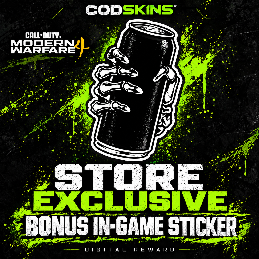 MW4 store-exclusive sticker illustration showing a skeletal hand holding a plain black can
