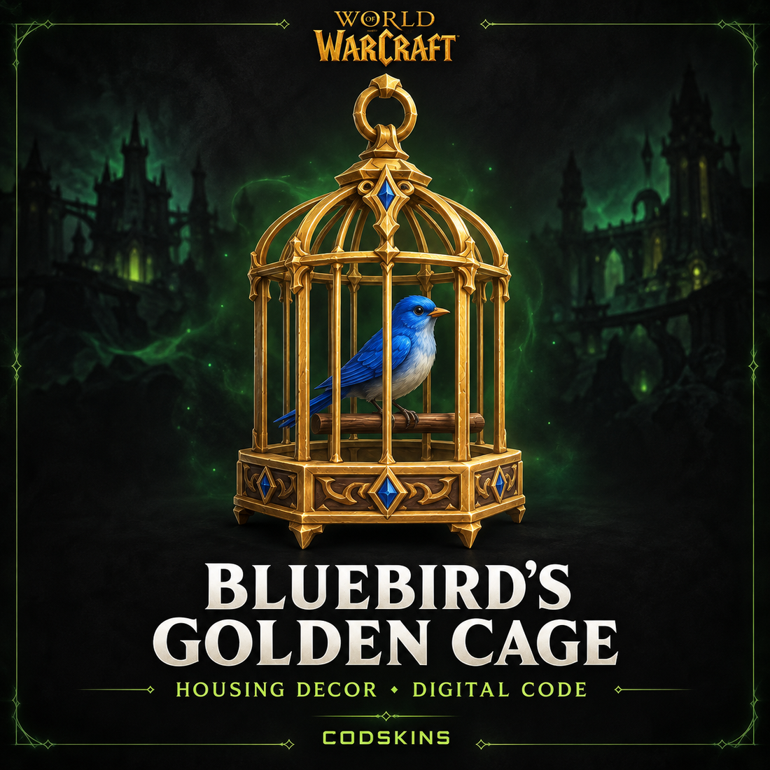 World of Warcraft Bluebird’s Golden Cage housing decor with a blue bird inside a golden cage – CODSKINS digital code